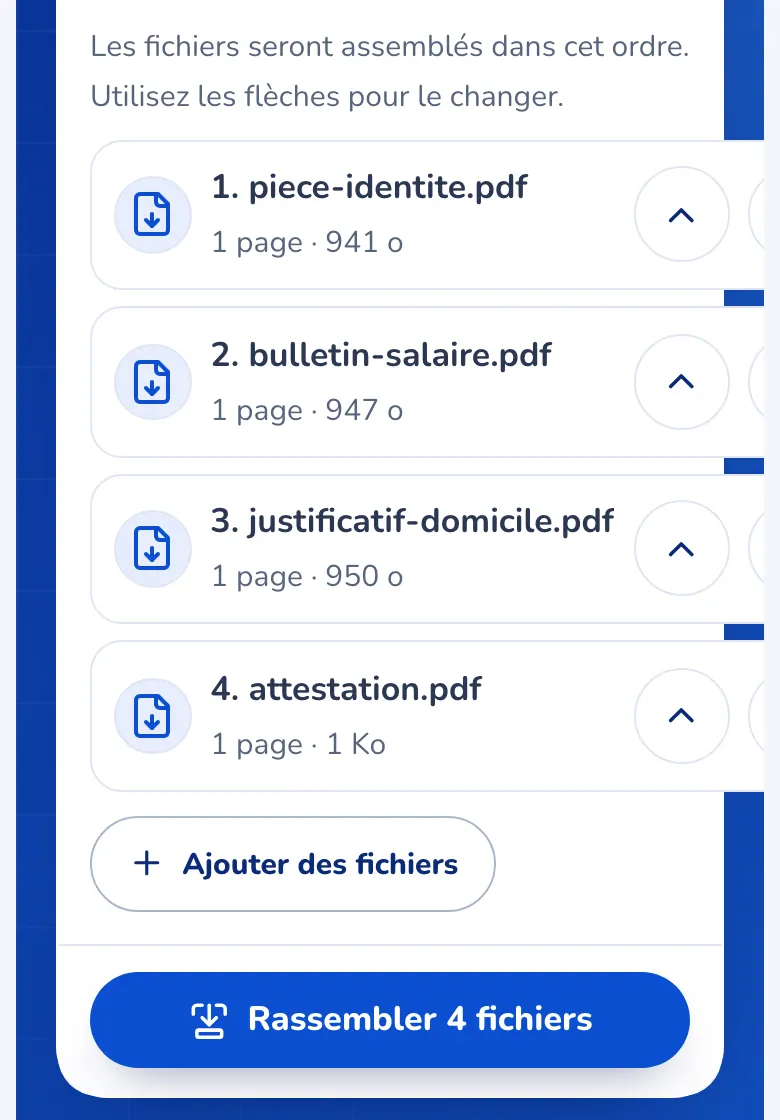 La liste des fichiers ajoutés, avec les flèches pour les ranger