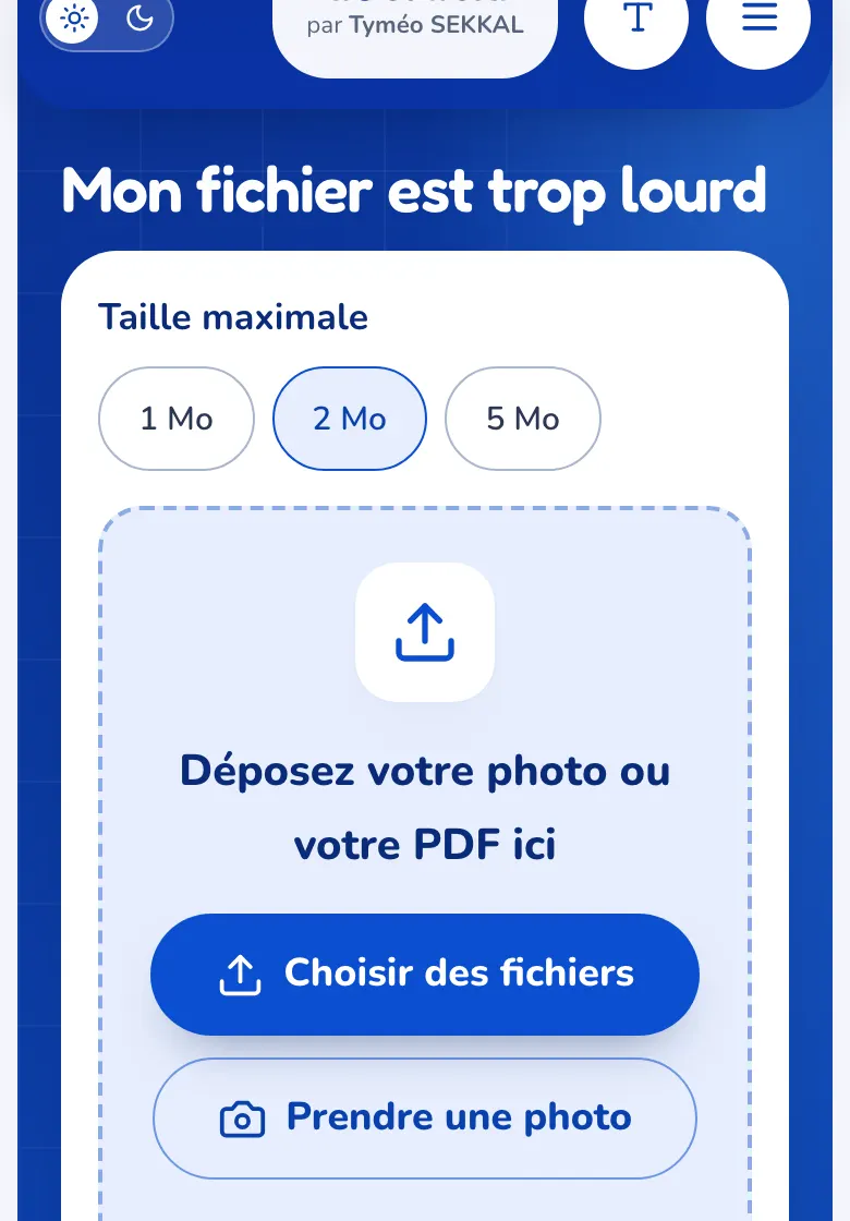 La page « Mon fichier est trop lourd » avec le choix 1, 2 ou 5 Mo et la zone de dépôt